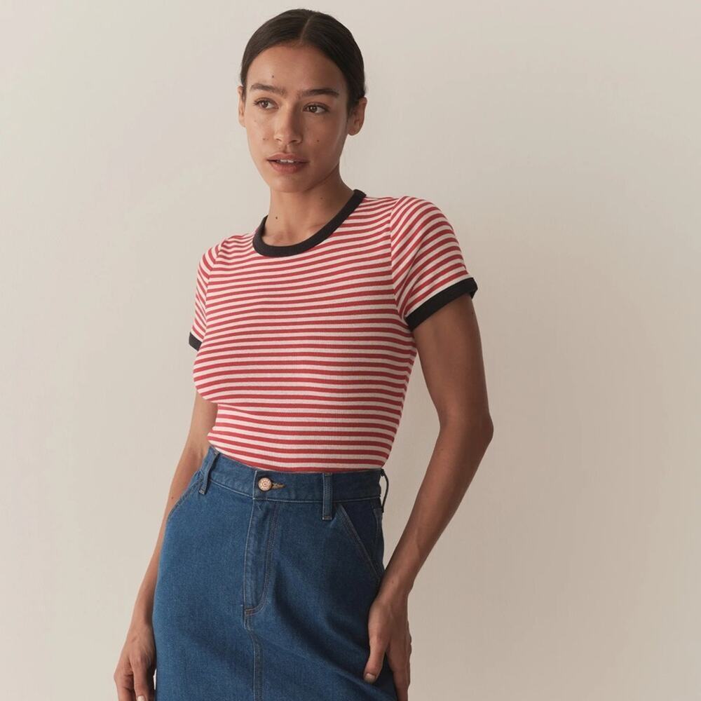 NWT Doen Vivi Cotton Ringer Crewneck T Shirt Top Rouge Nantucket Stripe Red